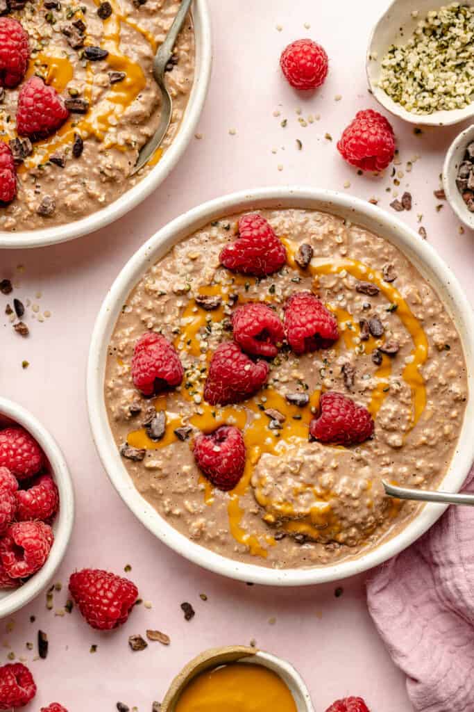 chocolate peanut butter overnight oats in bowl topped with raspberries and peanut butter