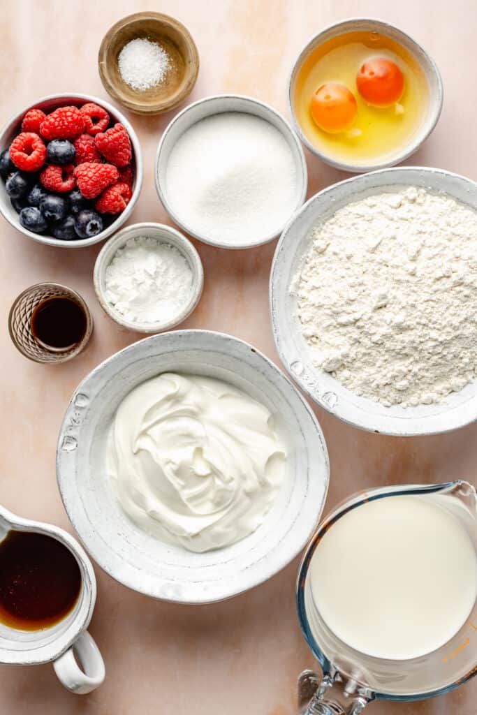 greek yogurt pancake ingredients in small bowls