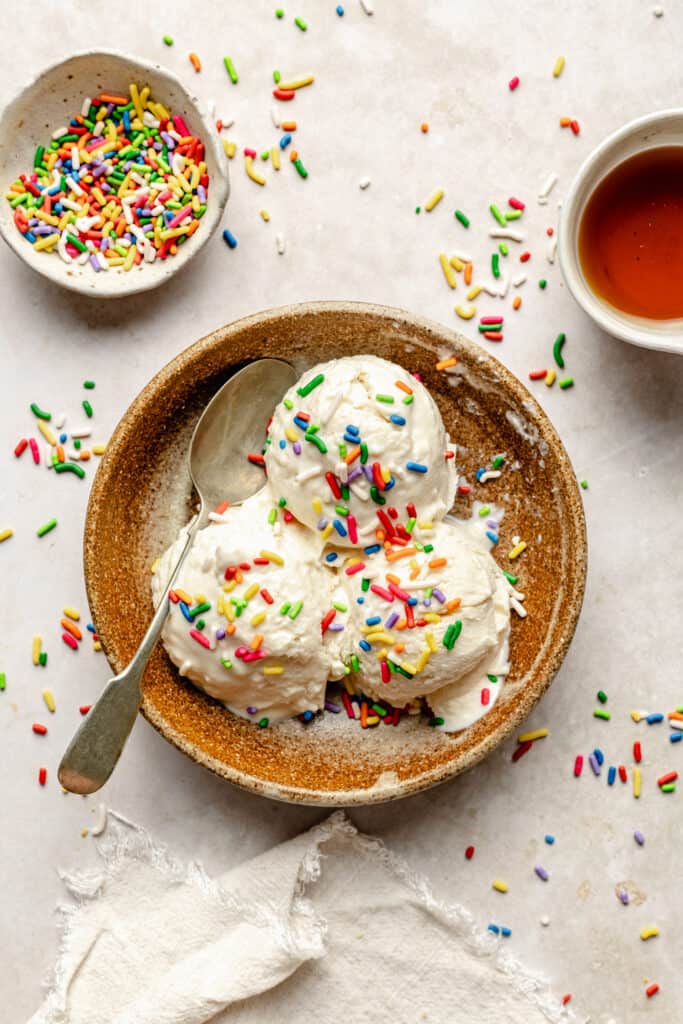 vanilla cottage cheese ice cream in bowl with sprinkles