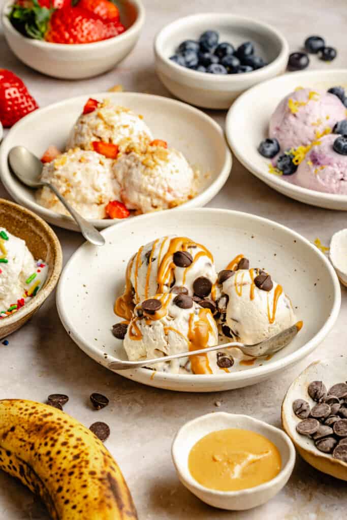 different flavors of cottage cheese ice cream in bowls