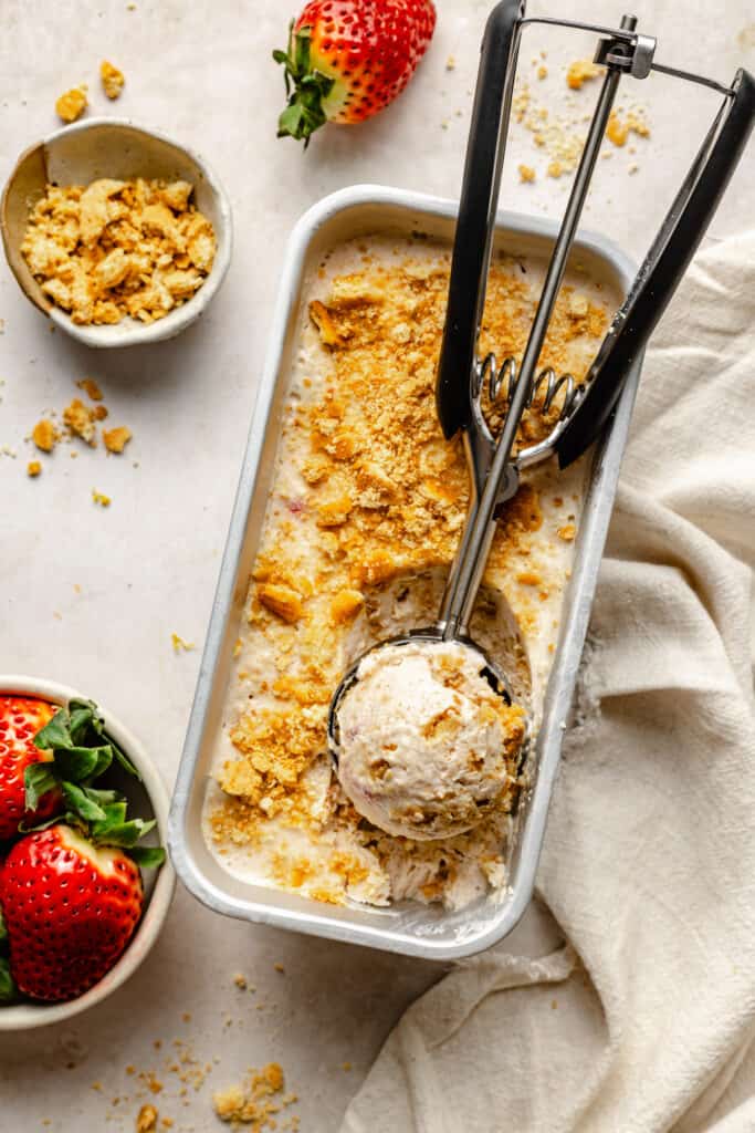 frozen cottage cheese ice cream in loaf pan with ice cream scoop 