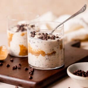 cookie dough overnight oats in glass jar with spoon