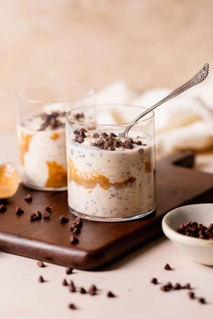 cookie dough overnight oats in glass jar with spoon