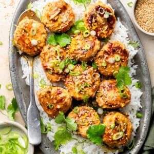 meatballs over rice on a silver tray with spoon