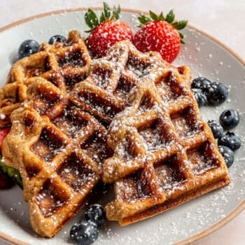 waffles on plate with powdered sugar and fresh fruit