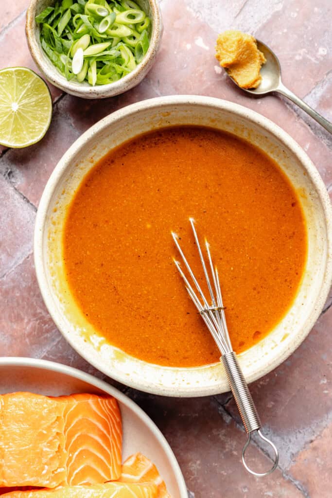 miso glaze in bowl with whisk