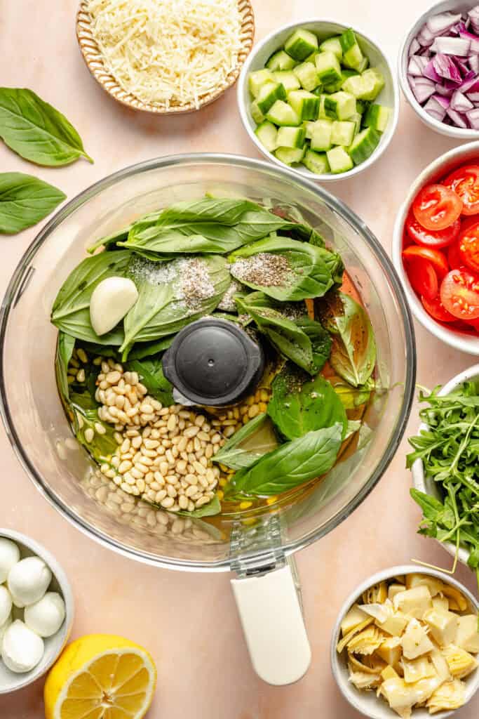 pesto dressing ingredients in food processor