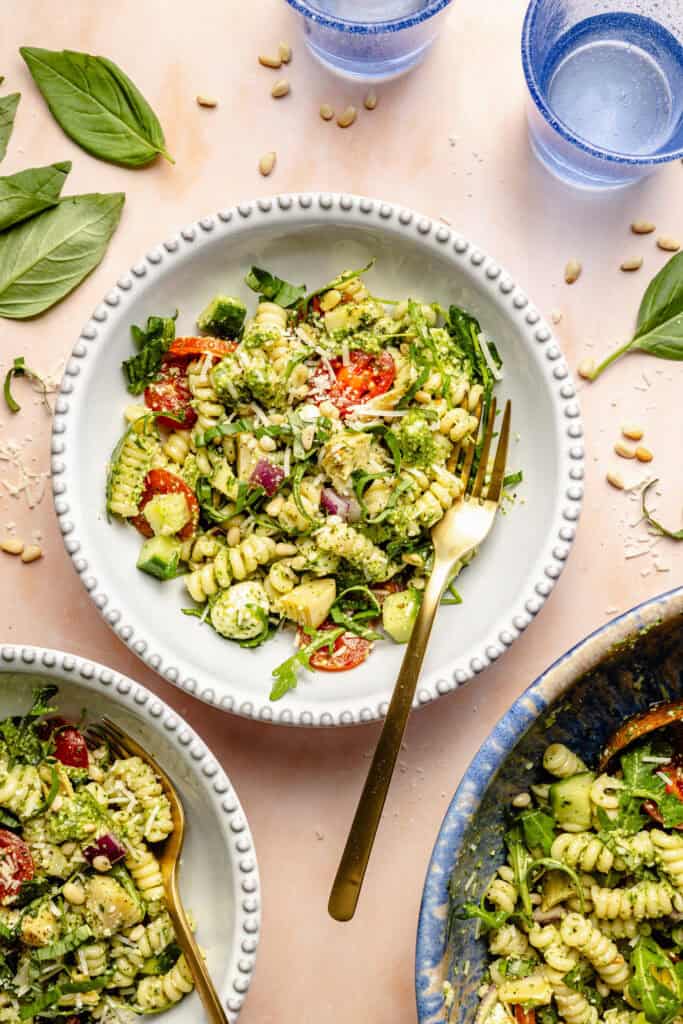 pesto pasta salad in small serving bowl