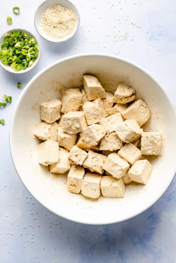 seasoned tofu in mixing bowl