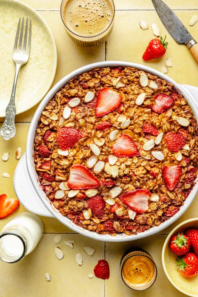 strawberry baked oatmeal in baking dish