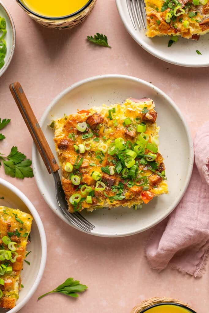 slice of egg casserole on plate