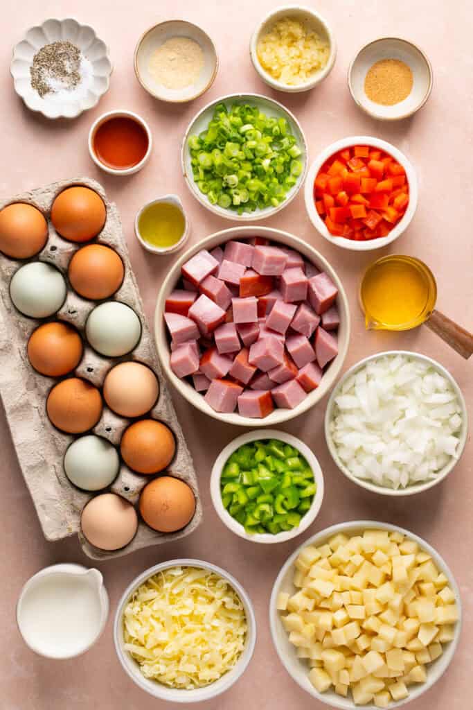 casserole ingredients in small bowls