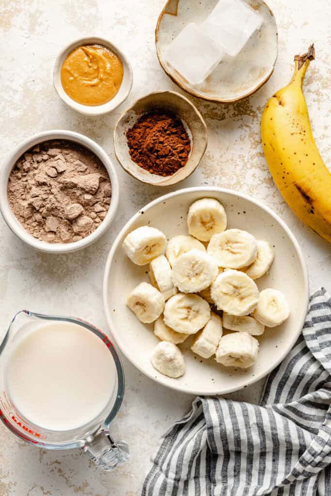 protein shake ingredients in small bowls