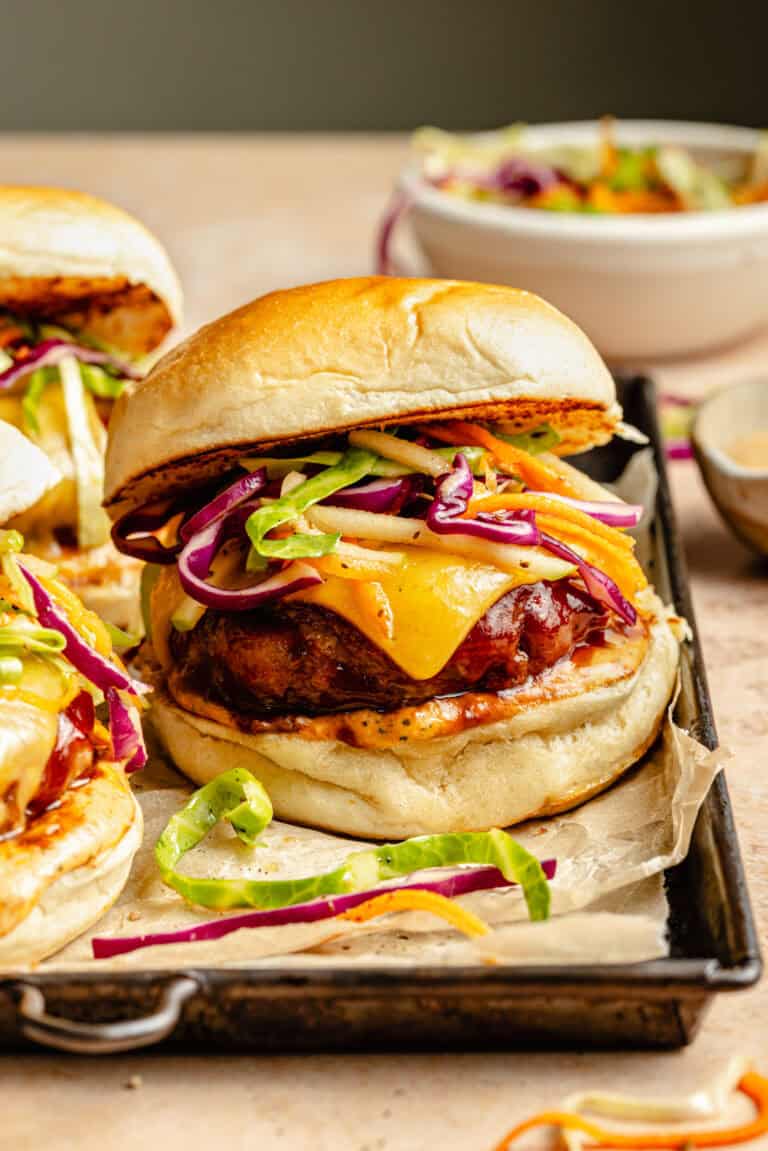 burgers with slaw on sheet pan