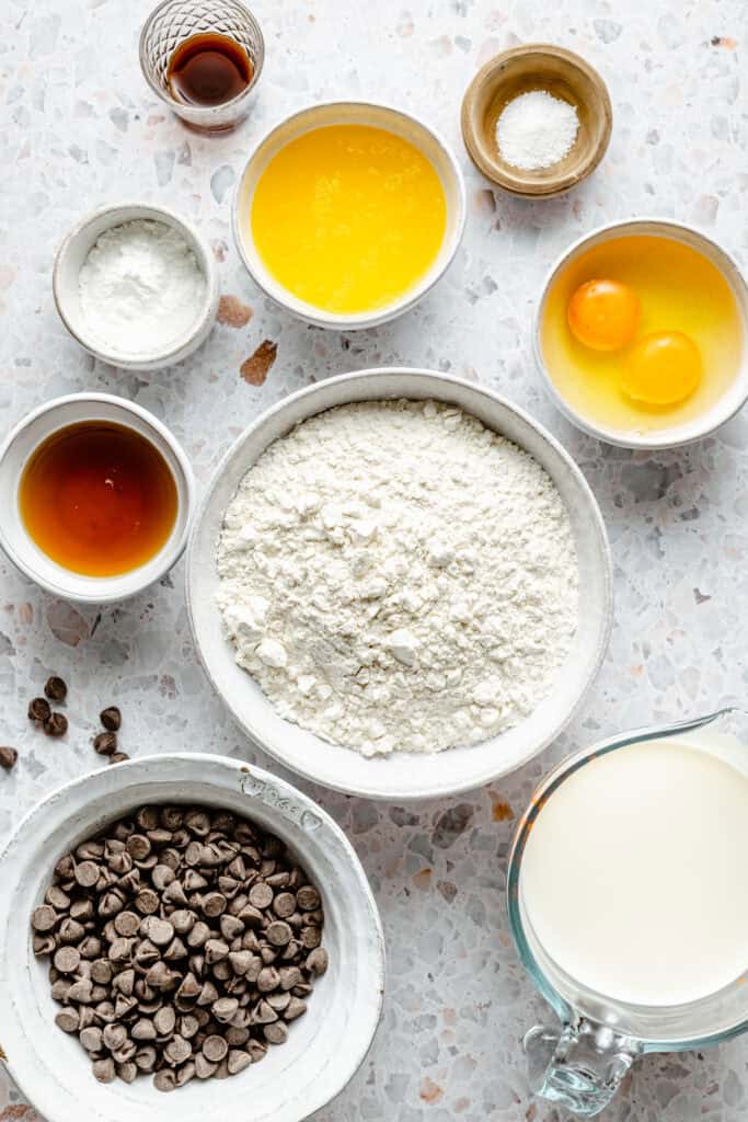 chocolate chip pancake ingredients in small bowls