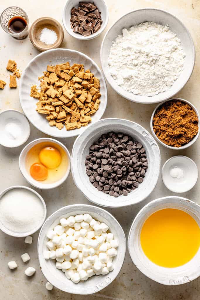 s'mores bars ingredients in small bowls