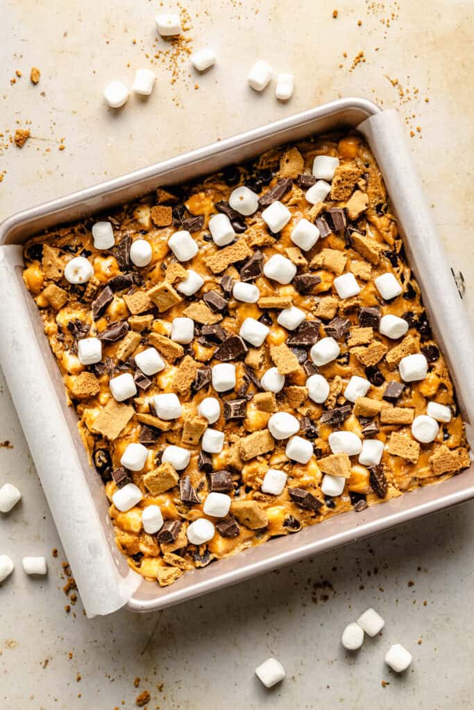 s'mores bars in baking dish before baking