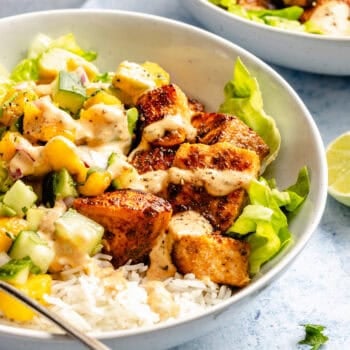 salmon in bowl with fork and toppings