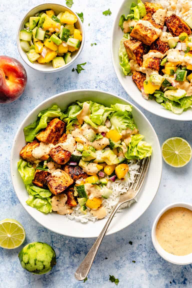 salmon bowls with fork