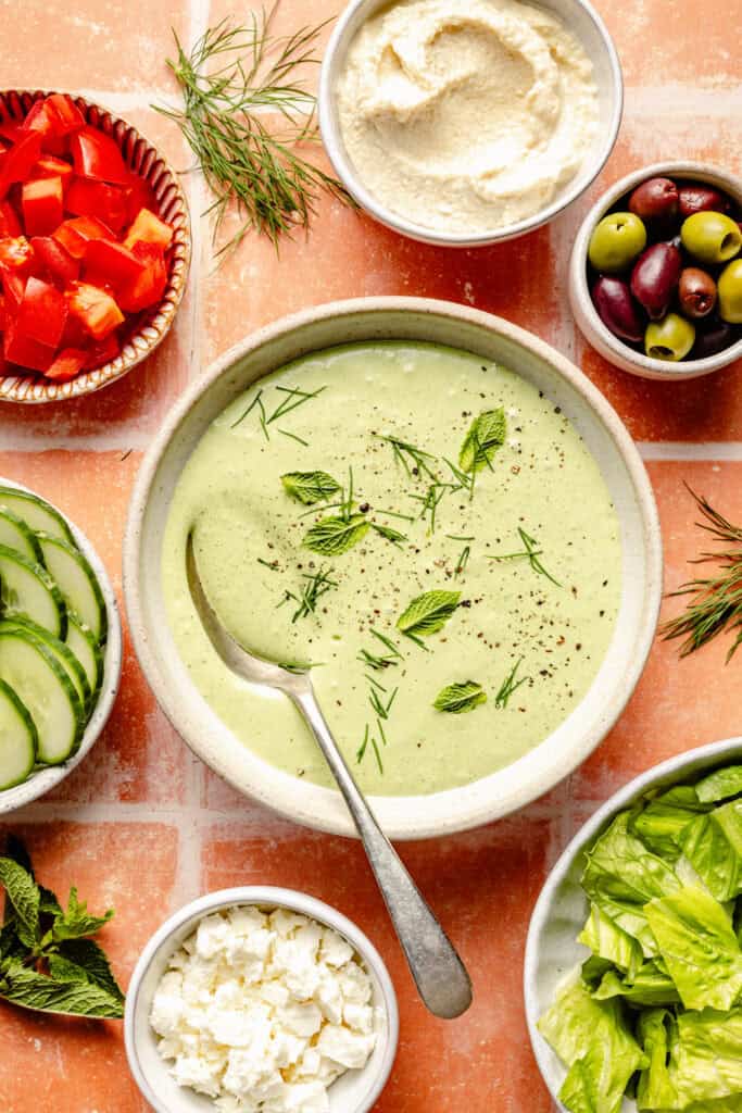 Greek yogurt dressing in small bowl 