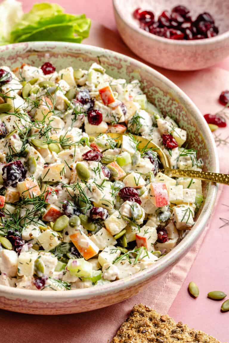 chicken salad in bowl with spoon