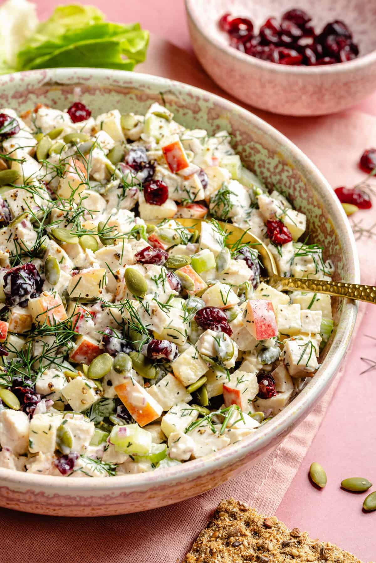 chicken salad in bowl with spoon