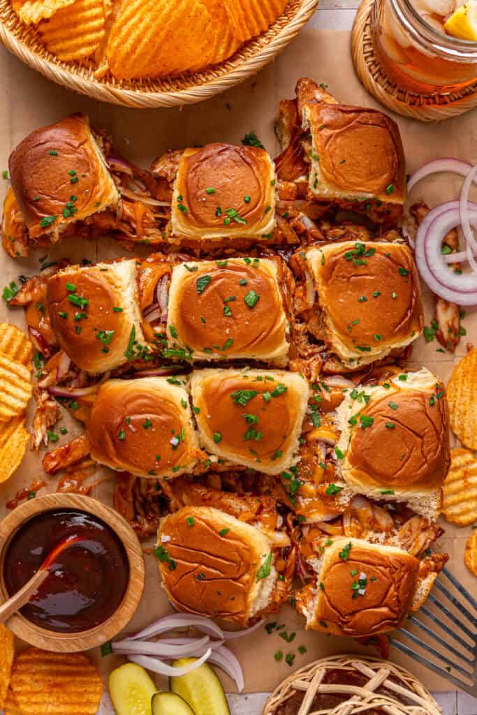 sliders with bbq sauce and chips