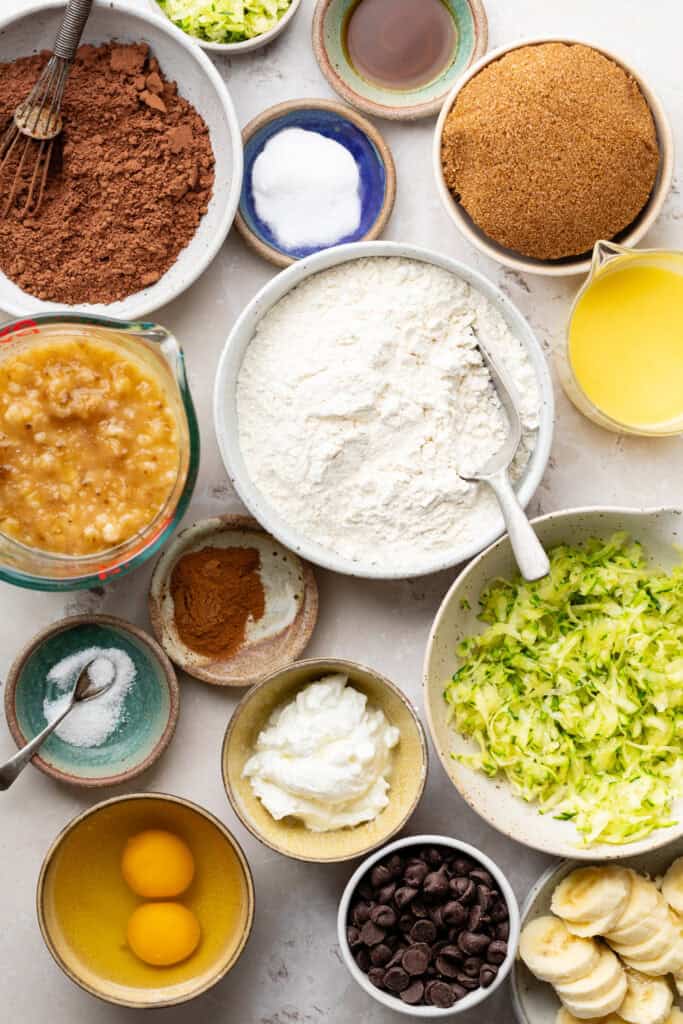 banana bread ingredients in small bowls