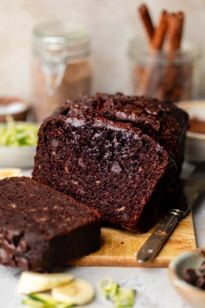 sliced chocolate zucchini banana bread