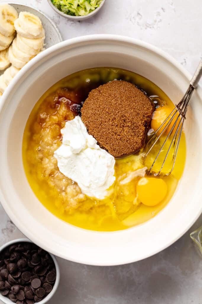 wet ingredients in mixing bowl with whisk
