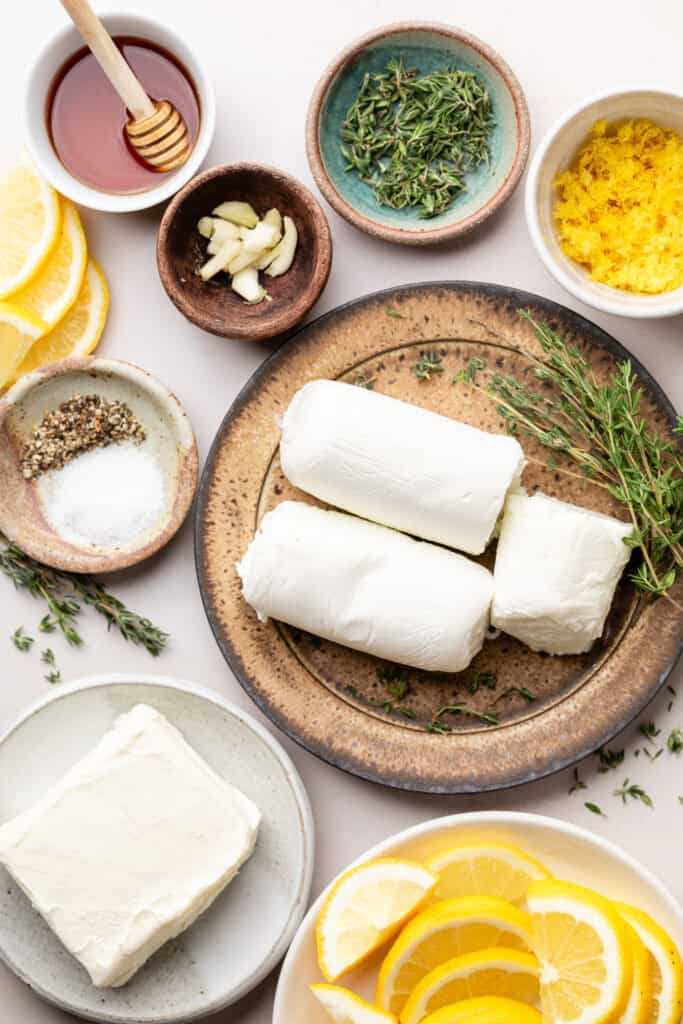 whipped goat cheese ingredients in bowls