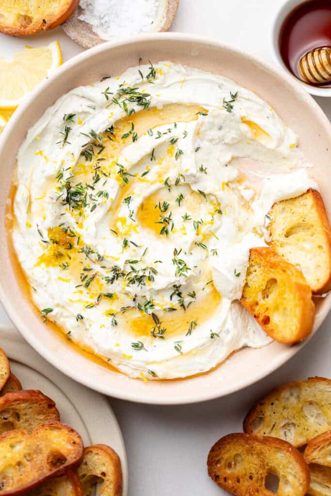 whipped goat cheese with honey, herbs, and bread