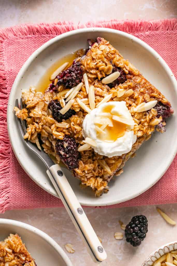 blackberry baked oatmeal on plate with fork