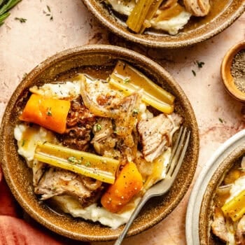 pork roast over mashed potatoes with veggies in bowl with fork