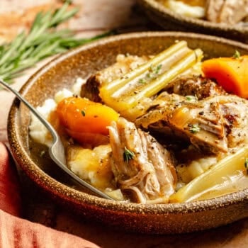 pork roast over mashed potatoes with veggies in bowl