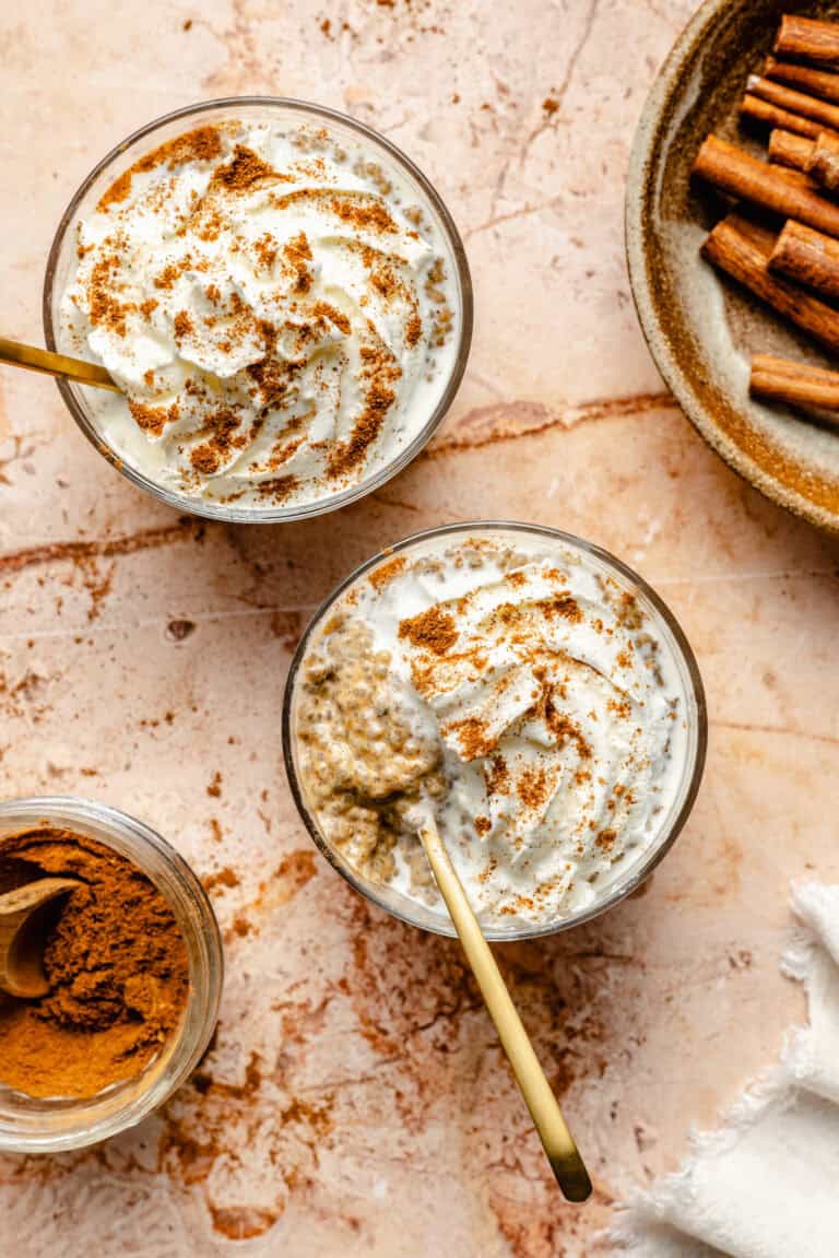 chia pudding topped with whipped cream