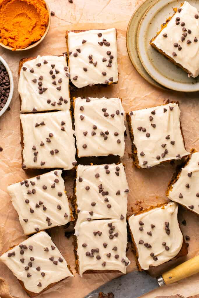 sliced pumpkin chocolate chip cake