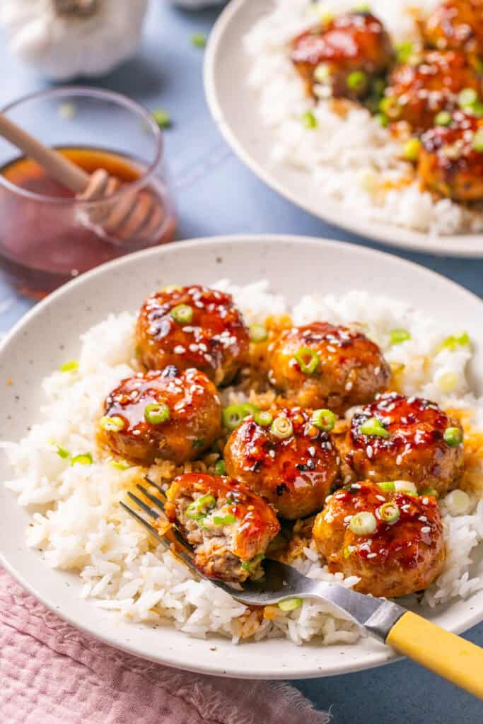 meatballs over rice with fork