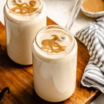 protein shakes topped with nut butter on wooden cutting board