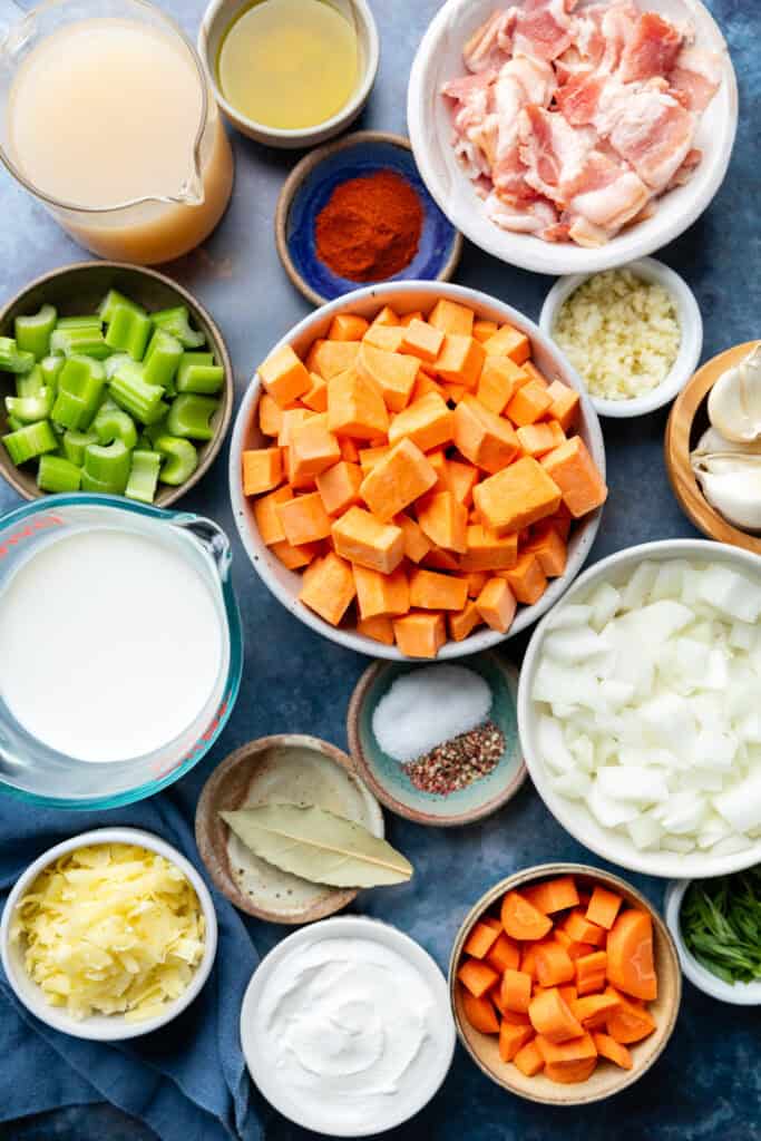 sweet potato soup ingredients in small bowls