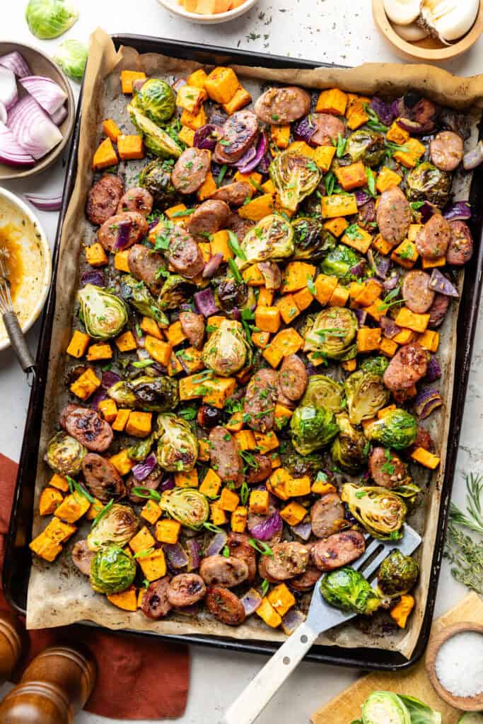 roasted sheet pan dinner on sheet pan