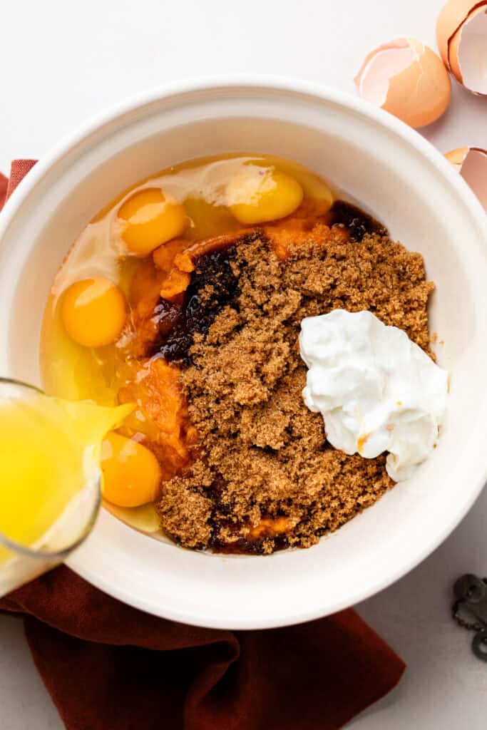 cake batter ingredients in mixing bowl