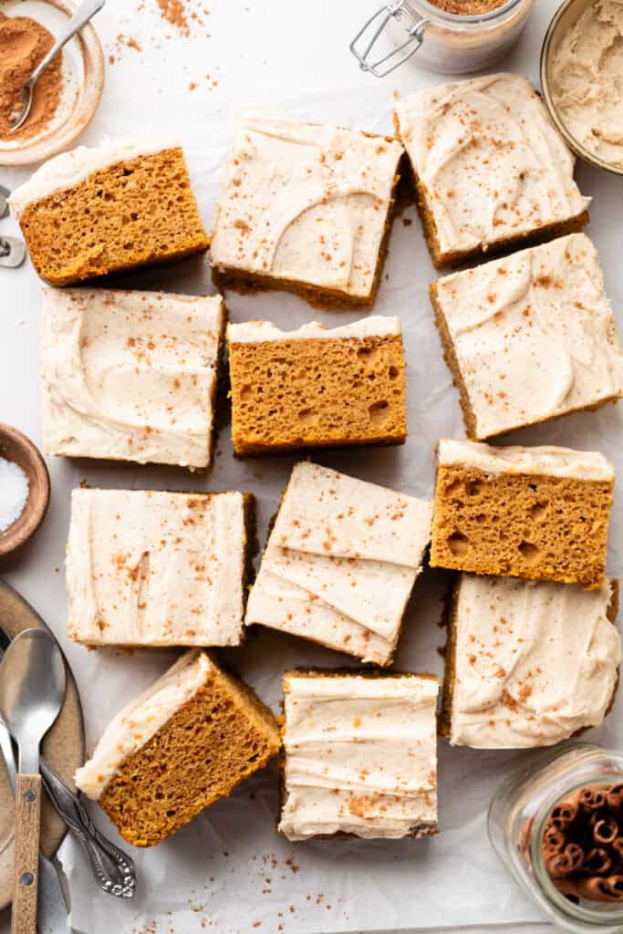 pumpkin cake sliced into squares