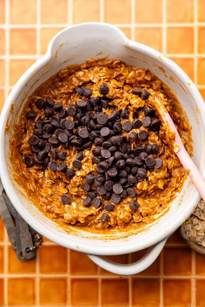 batter in mixing bowl with chocolate chips