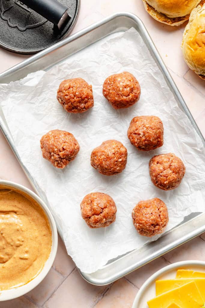 balls of ground turkey for patties on sheet pan