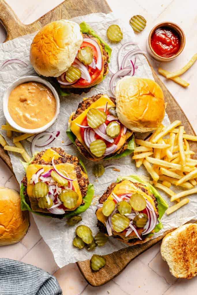 smashburgers with burger sauce and fries