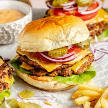 turkey smashburgers with fries on serving tray