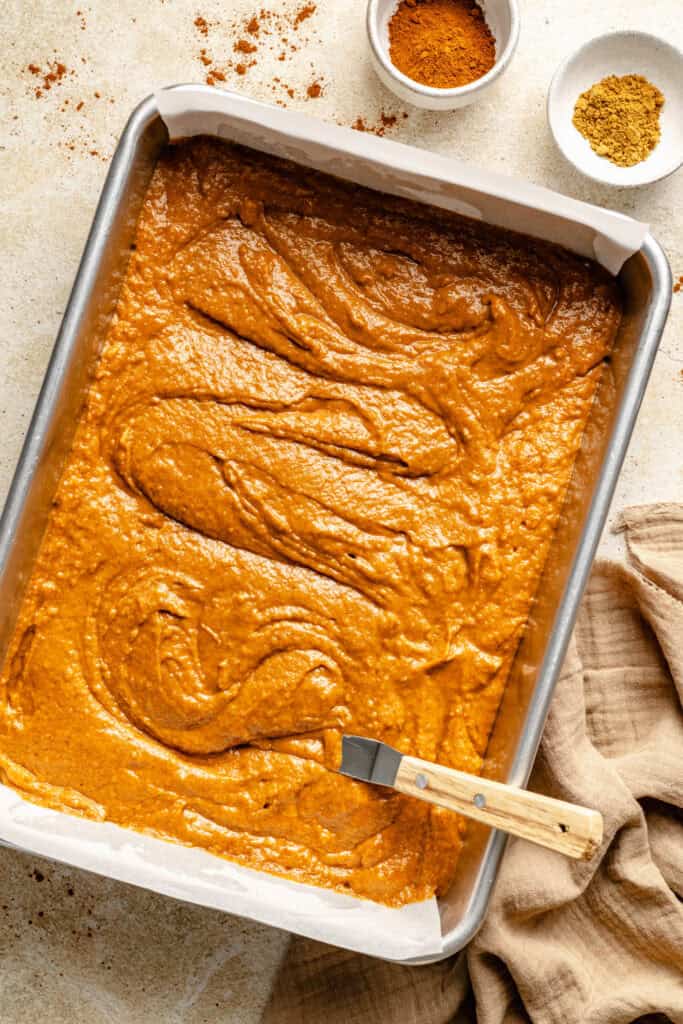 sweet potato cake batter in baking pan