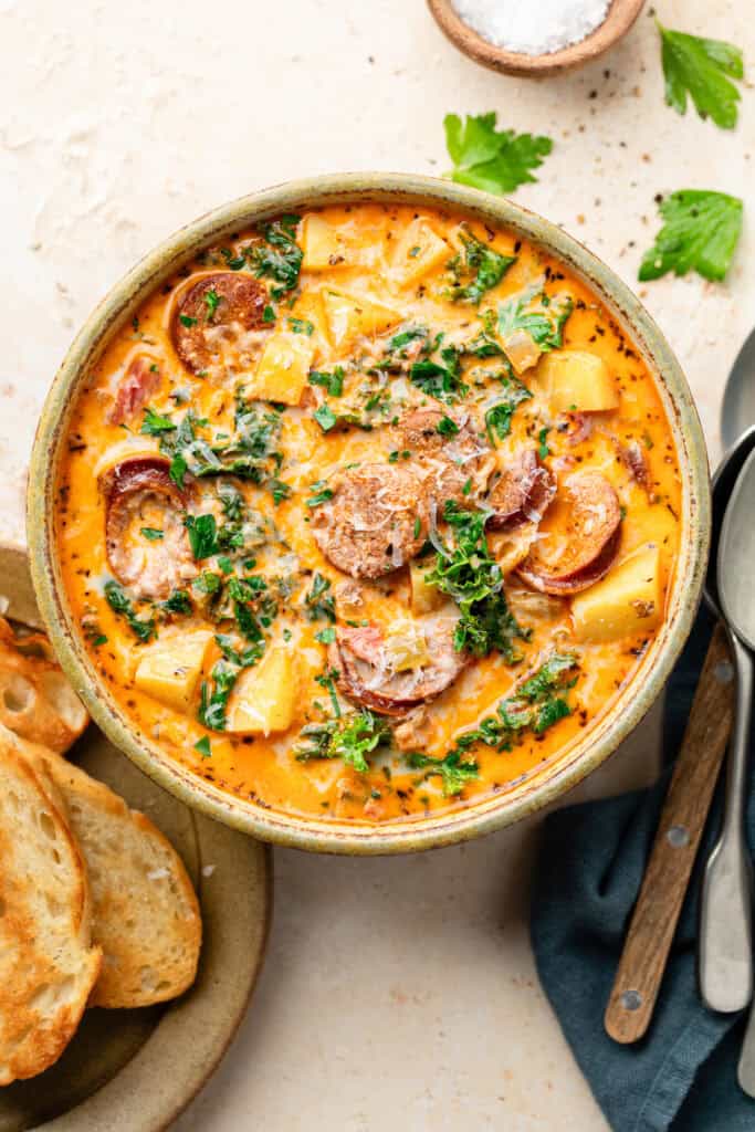 sausage kale and potato soup in bowl