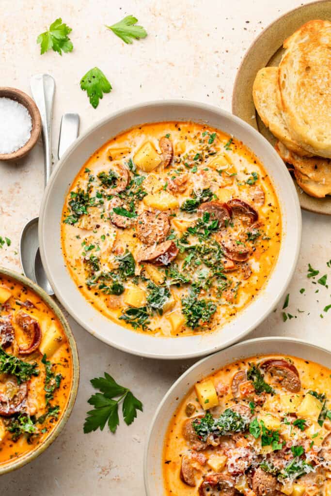 sausage kale and potato soup in bowl